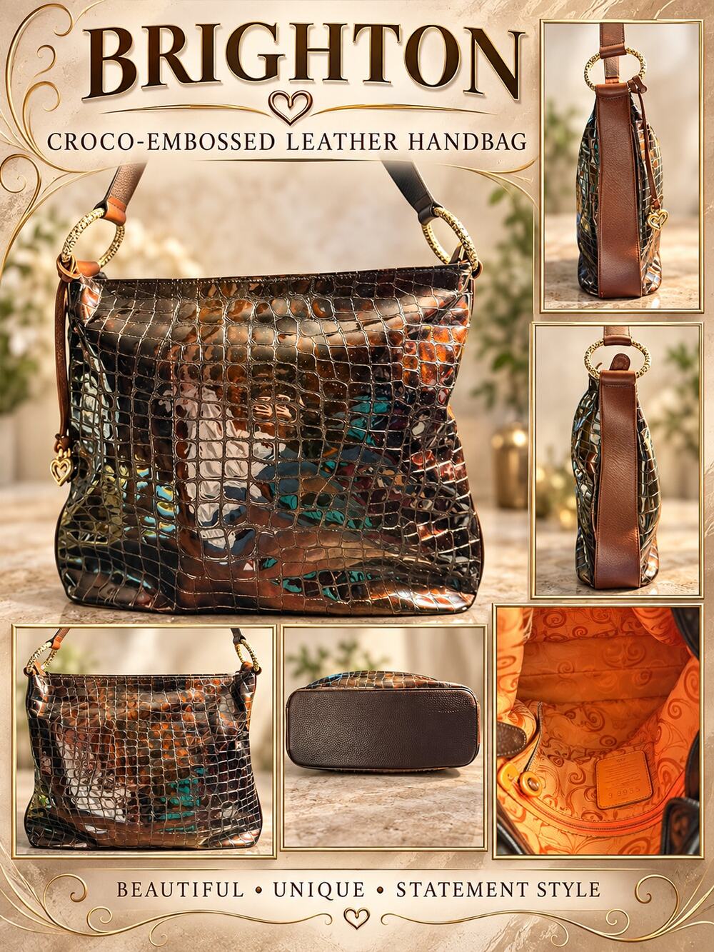 Brighton $295 Cher Croc-Embossed Patent Leather Shoulder Bag Bronze